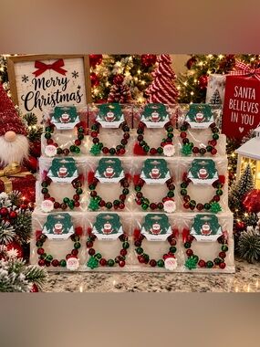 Bulk of 12 Festive Red & Green Santa Bead Bracelet - Holiday Party Accessory